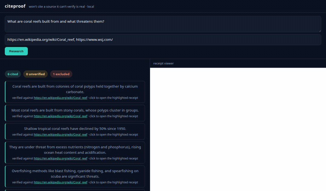 citeproof running: a question is researched, each cited claim links to a snapshot of the source page with the supporting line highlighted, and unsupported claims are excluded